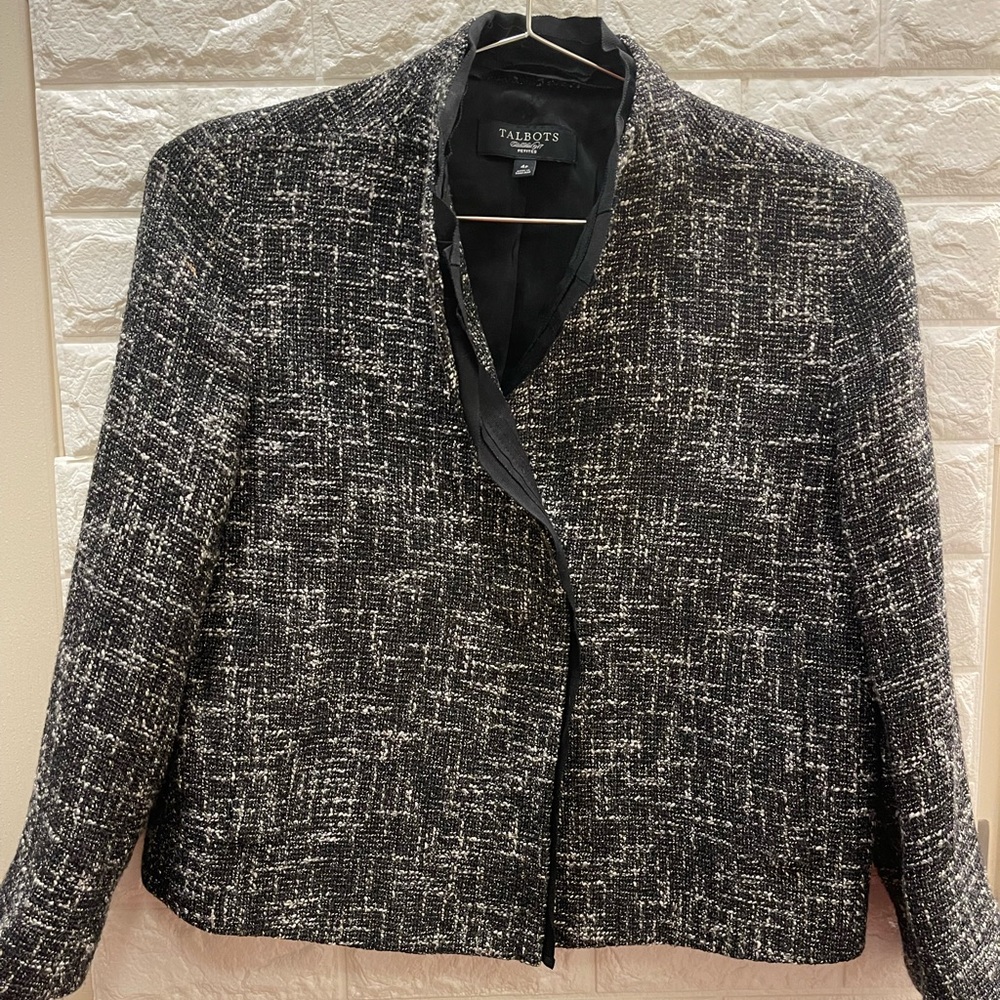 Talbots Women's Black Tweed Single Button Pockets Ruffle Trim Blazer